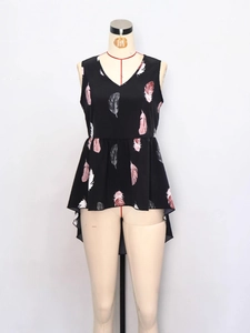 Women's sleeveless V-neck top with feather print and asymmetrical hi-low peplum hem