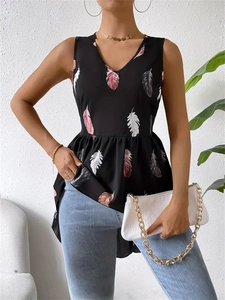 Women sleeveless V-neck floral top with asymmetric ruffle hem and feather print