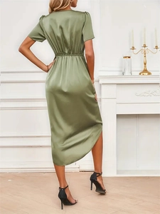 Sage green satin wrap dress with short sleeves and irregular hem shown on model