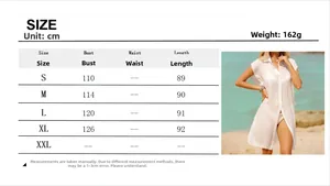 Size chart for white long sleeveless beach cover-up shirt with detailed measurements