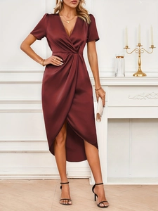 Elegant wine red satin short sleeve wrap dress with asymmetrical hem and V-neck design