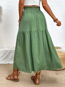 Sage green high waist tiered maxi skirt with ruffled layers for women shown from the back