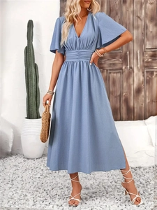 Elegant light blue V-neck maxi dress with butterfly sleeves and elastic waist