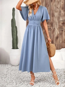 Elegant light blue V-neck maxi dress with flare sleeves and high waist side slit