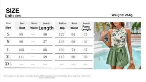 Size chart for floral halter top and green shorts set with measurements in centimeters