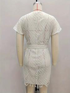 White chiffon jacquard beach dress with short sleeves, waist tie and fringe tassels