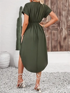 Army green short sleeve wrap dress with elastic high waist and irregular hemline