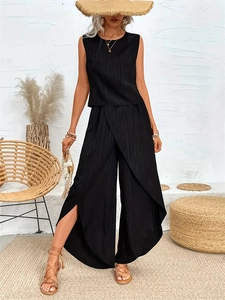 Ensemble Deux Pièces Décontracté en Polyester pour Femmes Haut Et Bas Sans Manches T-Shirt Col Rond Pantalon Large Plissé Été