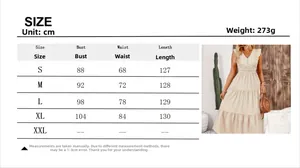 Detailed size chart for solid color ruffle tiered maxi dress with measurements in cm