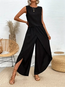 Ensemble deux pièces noir pour femme avec haut sans manches et pantalon large portefeuille