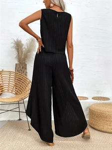 Ensemble d'été 2 pièces noir pour femme avec haut sans manches plissé et pantalon large