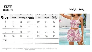 Size chart showing measurements for floral lace trim camisole and shorts summer set
