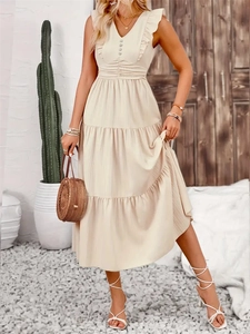 Sleeveless ruffled tiered maxi dress with V-neck and button detail in beige color