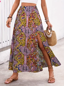 Jupe longue bohème à imprimé cachemire avec taille haute et fente latérale chic