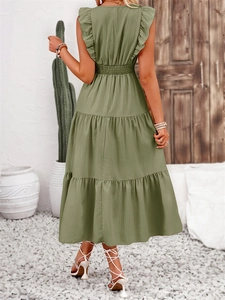 Elegant sage green sleeveless ruffle tiered maxi dress with ruched waist and textured fabric