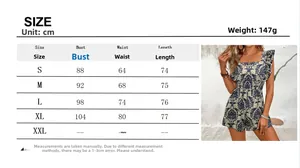 Size guide for ethnic paisley print square neck romper with smocked waist and ruffles