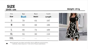 Size chart for floral puff sleeve dress with bust waist and length measurements