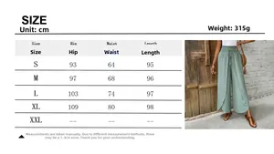 Size chart and dimensions for high waisted wide leg pants in sage green color