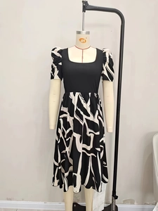 Detail of puff sleeves and floral print on a square neck knit dress for women