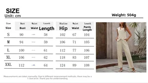 Detailed size chart for the women's two-piece beige suit vest and wide-leg pants set