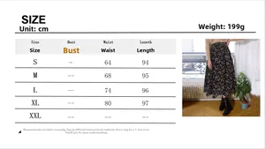 Detailed size chart in centimeters and grams for floral print pleated A-line midi skirt