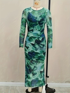 Floral print long sleeve mesh dress with ruched details and a slim fit bodycon silhouette