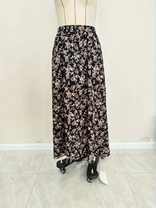 Elegant high-waisted floral print A-line midi skirt with elastic waist for women