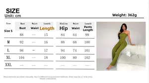 Detailed size chart for women's bandeau top and flared trousers set in cm and inches