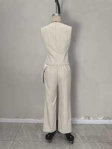 Women's 2-piece beige vest and wide-leg pants formal suit set shown from back view
