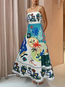 Vestido largo de mujer línea A con estampado graffiti tropical y tirantes finos