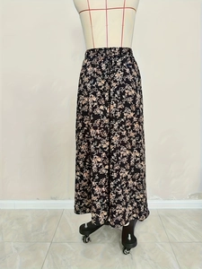 Elegant high waist floral A-line pleated maxi skirt with elastic waistband for women
