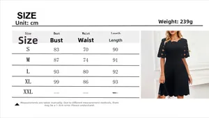 Size guide for black scalloped mini dress with bust and waist measurements in cm