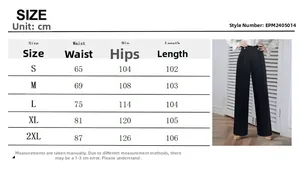 Detailed size chart with measurements for women's high waist button wide leg trousers