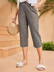 Pantalon Court Décontracté Taille Haute en Mélange de Lin pour Femmes Couleur Unie Jambe Large Capri avec Taille Élastique Vacances