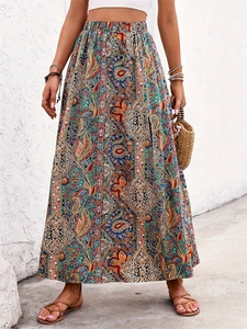 Jupe longue bohème à imprimé paisley avec taille haute et fente pour les vacances d'été