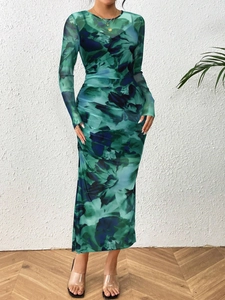 Floral mesh long sleeve bodycon dress with abstract green print and ruched details