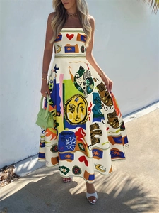 Vestido Largo Maxi Elegante para Mujer Estampado de Arte Abstracto Tirantes Finos Cintura Alta Espalda Elástica Línea A Bohemio Vacaciones