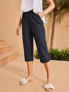 Pantalon court taille haute bleu foncé pour femme avec taille élastique et poches décontracté