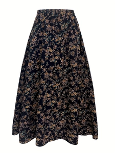 Detail view of high waist floral A-line skirt with elastic waistband and brown flower print