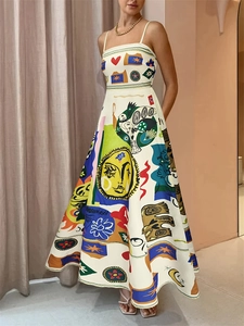 Vestido largo de verano línea A con tirantes finos y estampado artístico abstracto