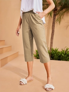 Pantacourt kaki taille haute pour femme avec taille élastique et poches latérales chic