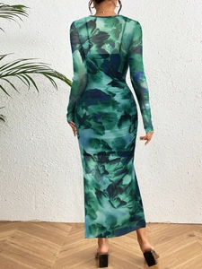 Floral print mesh long sleeve two-piece maxi dress with backless slim fit design