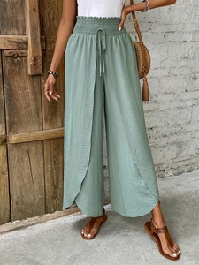 Women High Waist Wide Leg Pants Smocked Elastic Waist Drawstring Irregular Tulip Hem Split Casual Vacation Trousers