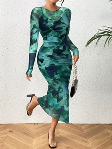 Floral mesh long sleeve midi dress with ruched details and abstract blue-green pattern