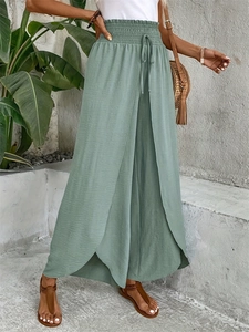 Sage green high waist wide leg pants with elastic drawstring and slit hem detail