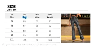 Detailed size chart for elegant high waist sequin flare pants in silver black finish
