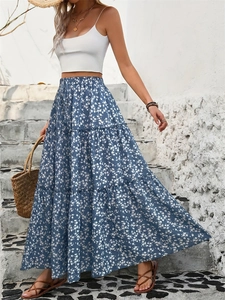 Jupe Longue à Étages Florale Bohème pour Femmes Taille Élastique Cordon de Serrage Été Taille Haute Jupe Gâteau Vacances