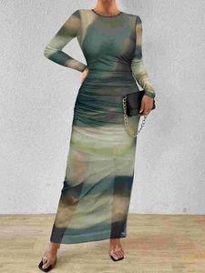 Slim-fit long sleeve maxi dress with green marble tie-dye print and ruched details