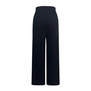 Rear view of high-waisted black wide-leg trousers with elastic waistband and straight cut