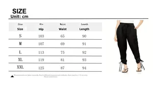 Size chart for high-waisted cargo pants showing hip, waist, and length measurements in cm